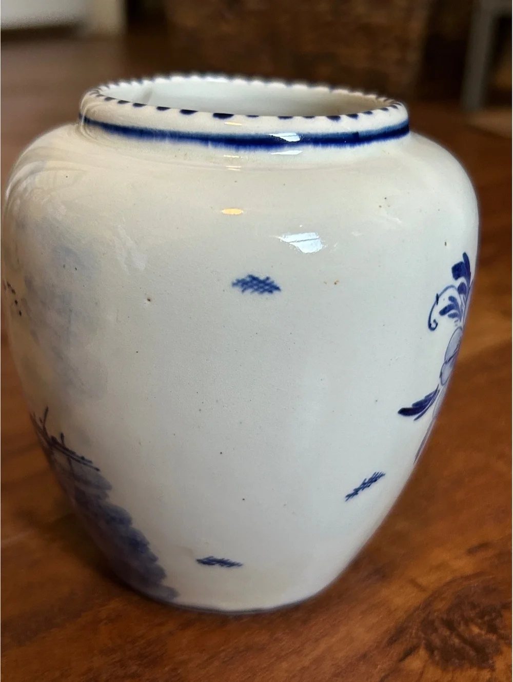 Vintage Delft Blue Ceramic Vase with Sailing Ship and Floral Design